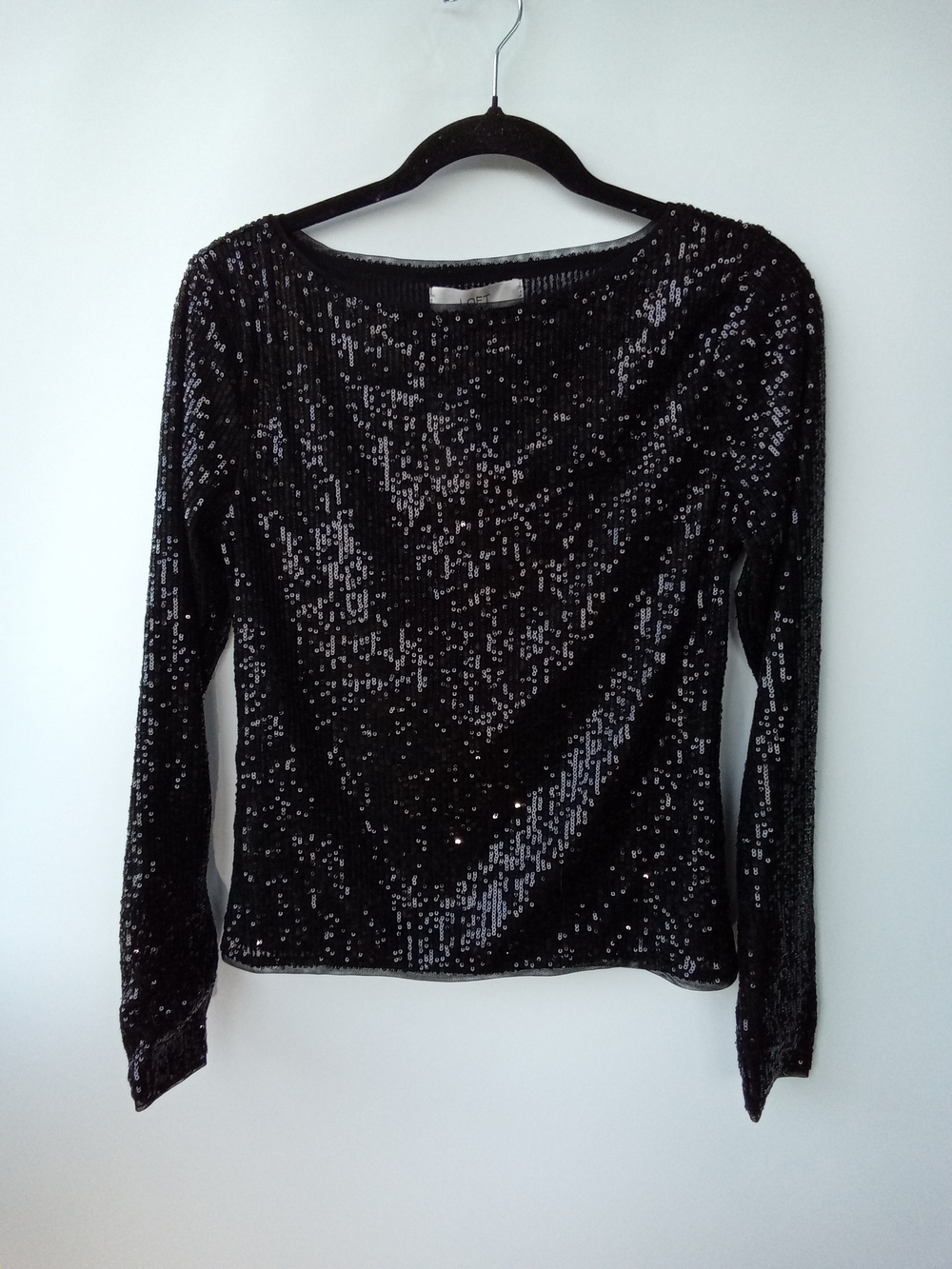 LOFT NWT Black Sequin Long Sleeve Boatneck Top Size M